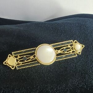 Vintage Deco Opal & Black Enamel Brass Colored Brooch